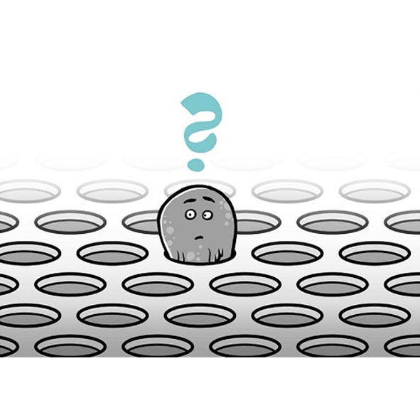Drawing of a small round figure looking questioningly out of a hole